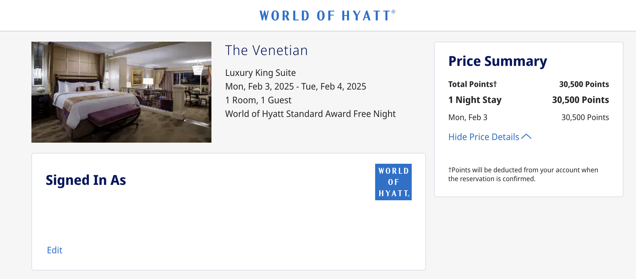 Venetian Las Vegas Hyatt point booking